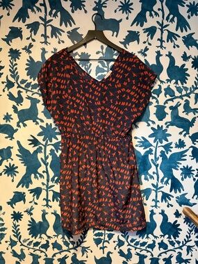 Cotton Candy brand Navy Dress with Orange Bird Print - polyester shift w/pockets